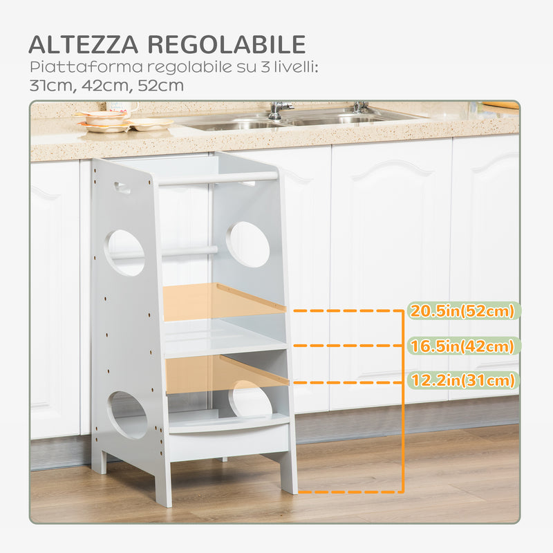 Torre Montessoriana per Bambini 3-6 Anni 40x50x90 cm con Altezza Regolabile in MDF Bianco  