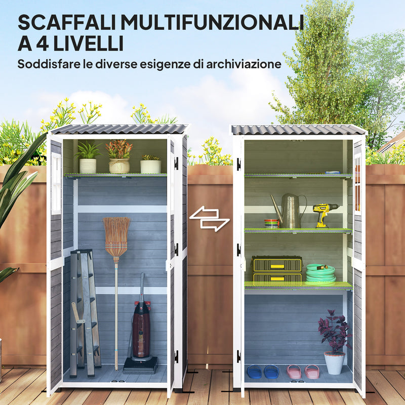 Armadio Porta Attrezzi da Esterno 91x69x185-192H cm Tetto inclinato in Plastica in Legno Grigio  