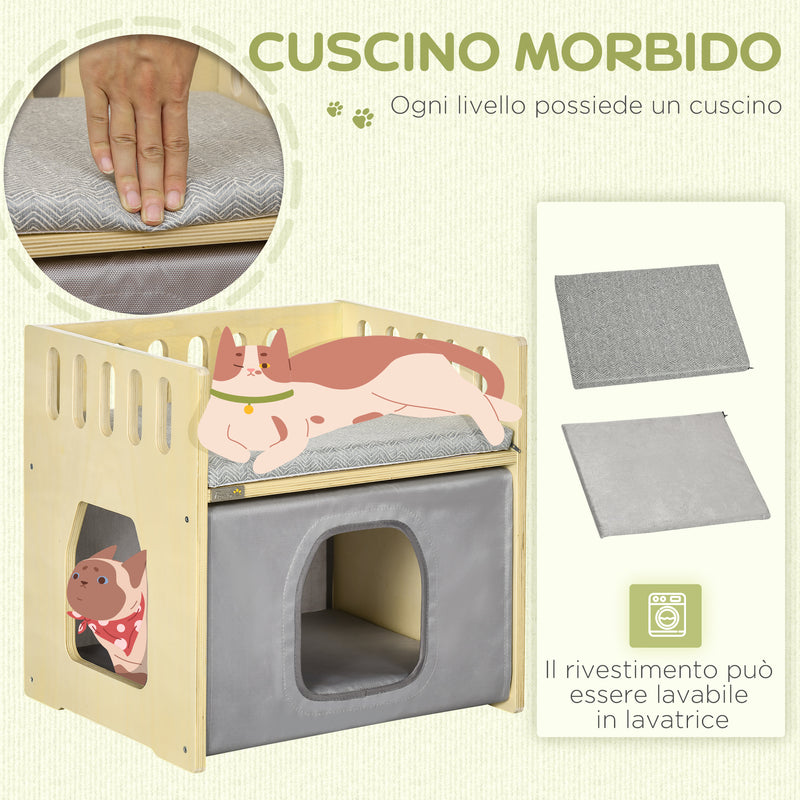 Casetta per Gatti 2 Livelli 48x38x47 cm con Cuscini Rimovibili e Guide di Sicurezza in Legno e Tessuto Grigio e Bianco