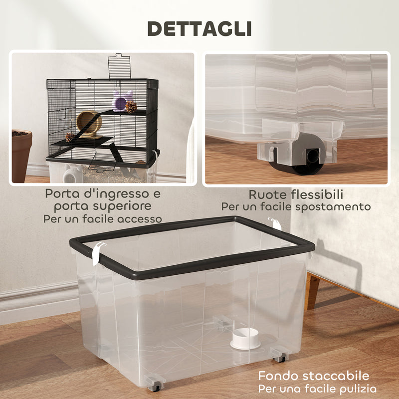 Gabbia per Criceti a 3 Piani 58x43x74 cm con Rampe e Accessori Nero   