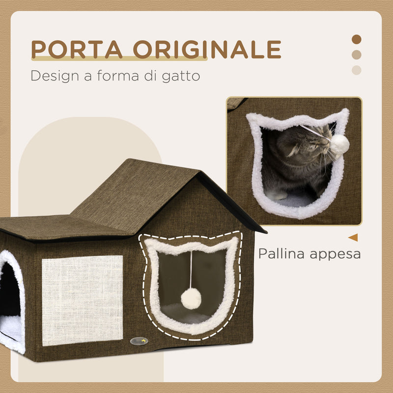 Cuccia Casetta per Gatti 65x41x45,5 cm in MDF Finto Lino e Sisal Marrone