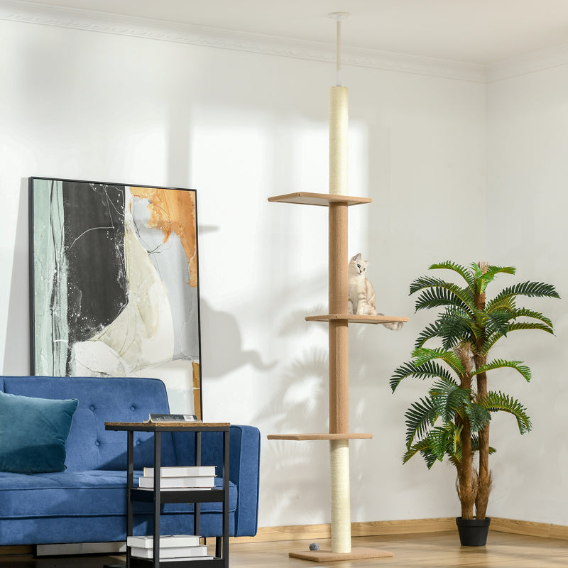Albero Tiragraffi per Gatti a Soffitto 4 Livelli 43x27x228-260cm Altezza Regolabile Marrone