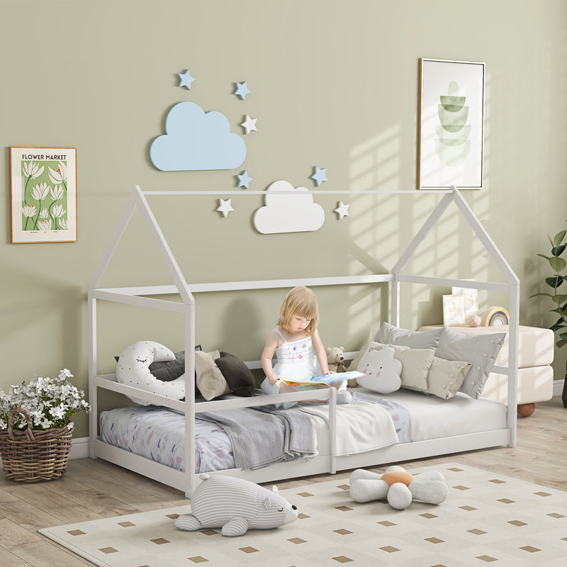 Letto per Bambini con Sponde di Protezione a Forma di Casetta 196x97,5x135 cm Bianco  