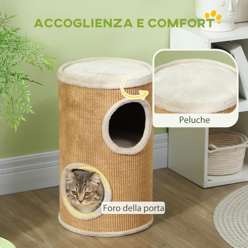 Torre Tiragraffi per Gatti con Casette in Peluche a 2 Livelli in Sisal Marrone  