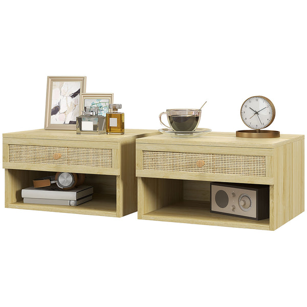 prezzo Set 2 Comodini con Cassetto e Ripiani Aperti in stile Nordico 40x34x23 cm in Truciolato e Rattan