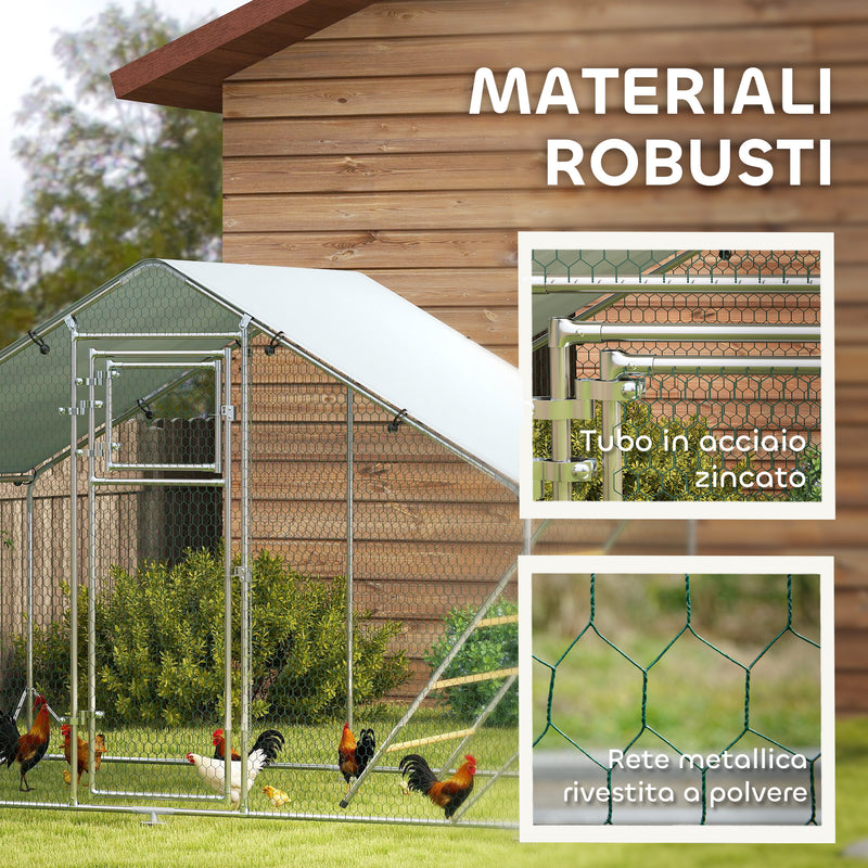 Recinto per Galline da 6 mq 300x200x195 cm per 6-8 Animali con Tetto Impermeabile Mangiatoia e Posatoio Argento  