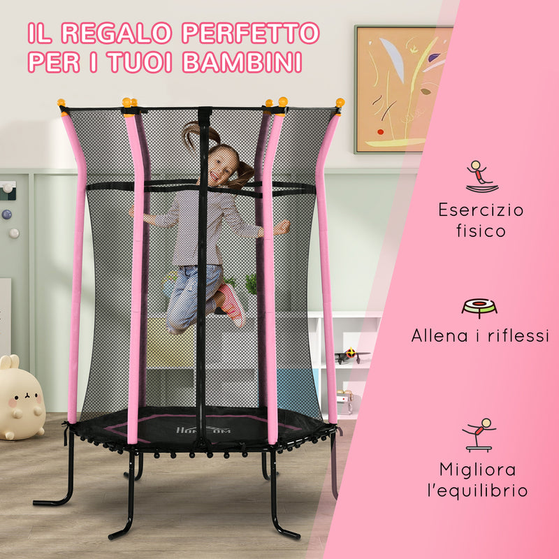 Trampolino Tappeto Elastico per Bambini con Ingresso a Cerniera e Pali Imbottiti Ø163.5x190 cm in Acciaio, PP e EPE Rosa 
