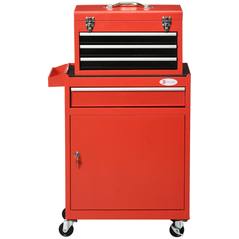 Carrello Porta Attrezzi 2 in 1 con Cassetta Rimovibile e Armadietto con Chiave  in Acciaio Rosso
