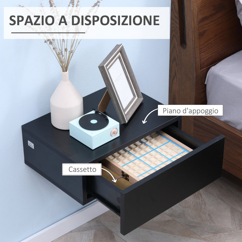 Set 2 Comodini Sospesi 1 Cassetto 40x30x15 cm in Legno Truciolare Nero