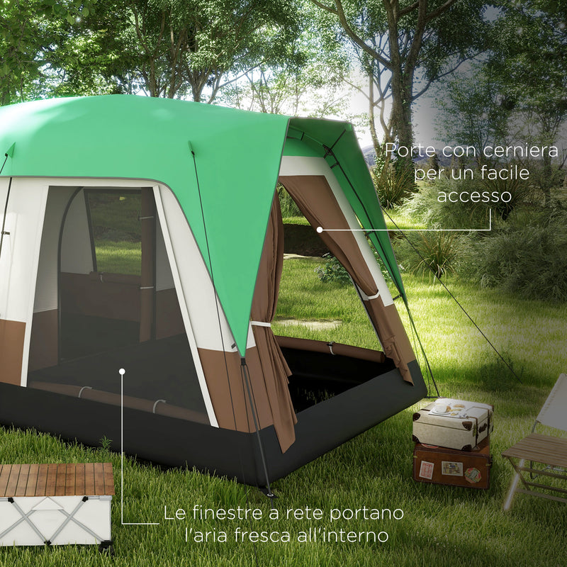 Tenda da Campeggio 4 Posti a Tunnel Impermeabile con Finestre a Rete 490x305x225 cm in Poliestere Verde
