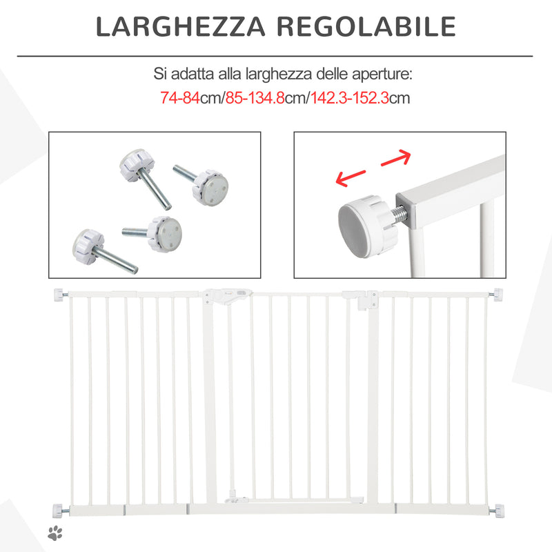 Cancelletto di Sicurezza per Animali Domestici 3 Estensioni Regolabile 74-148cm Chiusura Automatica Bianco