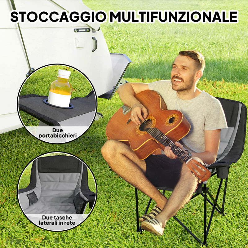 Sedia da Campeggio Pieghevole 99x71x103 cm con 2 Portabicchieri e Tasche Laterali Grigio e Nero   