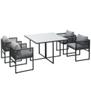 Set Tavolo e 4 Sedie da Giardino con Cuscini in Rattan PE Nero e Grigio