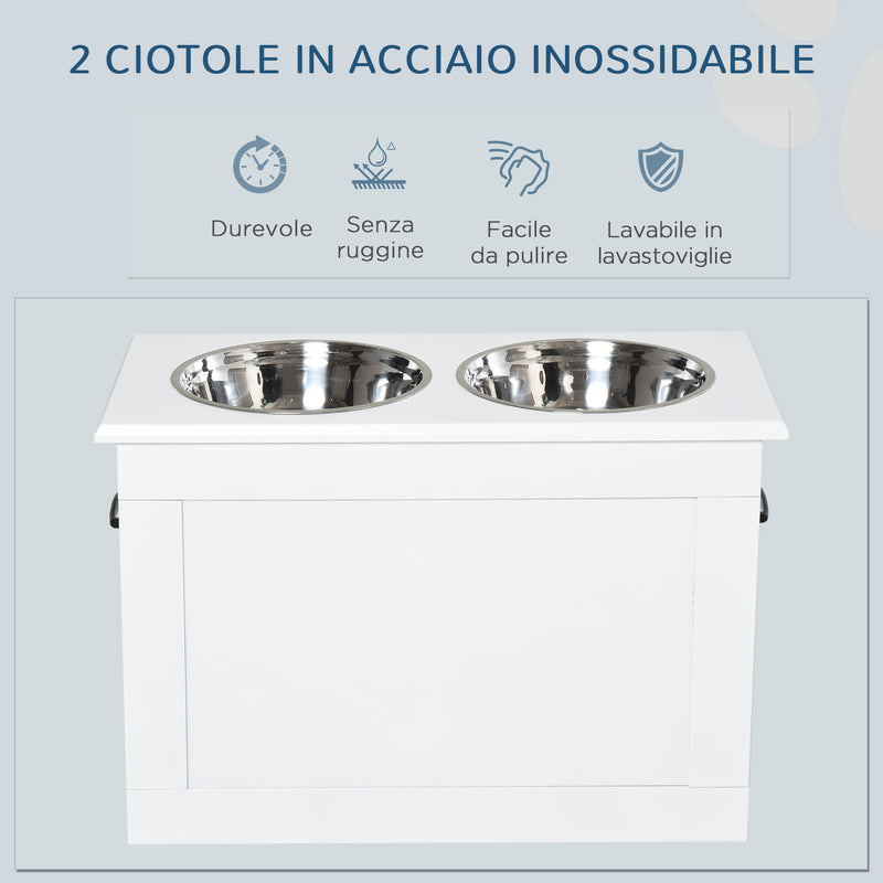 Ciotole per Cani Grandi Rialzate 60x30x41 cm in Acciaio Inox e MDF Bianco 