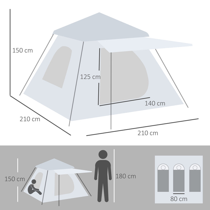 Tenda da campeggio per 2-3 persone 210x210x150 cm con Veranda grigia e bianca