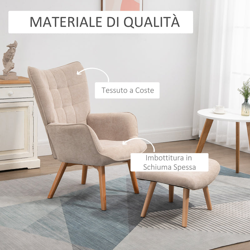 Poltrona Relax con Pouf Poggiapiedi in Velluto a Costine Beige   