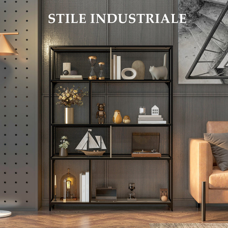 Libreria Design Industriale a 5 Livelli Porta Metallica Scorrevole 120x30x161 cm in Legno e Acciaio Nero e Grigio