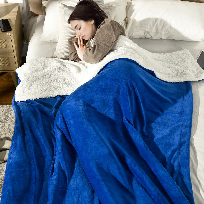 Coperta Plaid Dubleface 203x152x0,5 cm in Flanella 220 GSM e Sherpa 260 GSM Blu Scuro