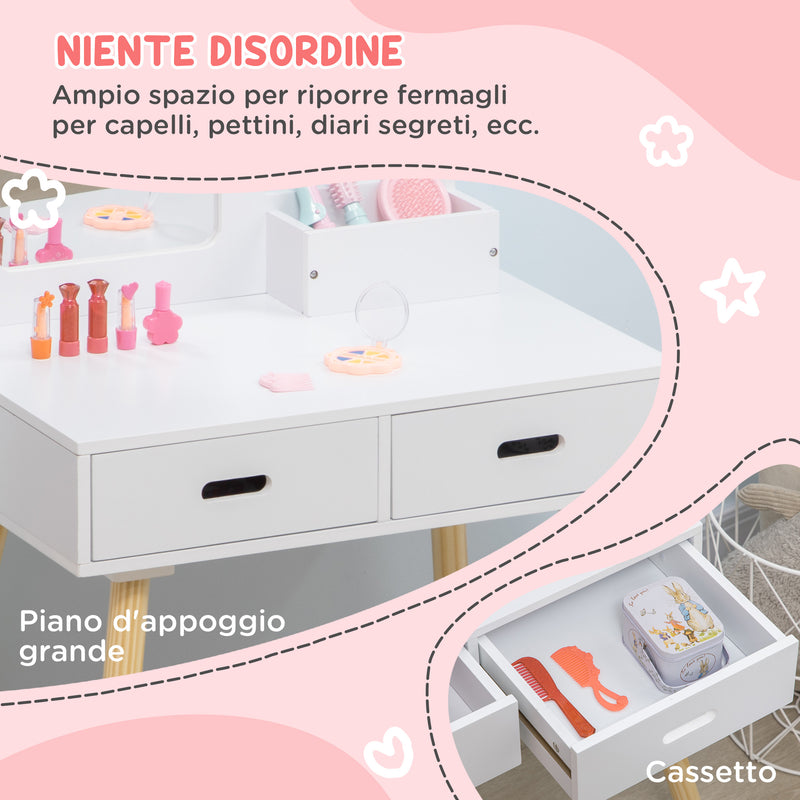 Toeletta Trucco per Bambine Consolle e Sgabello Bianco e Colore Legno   