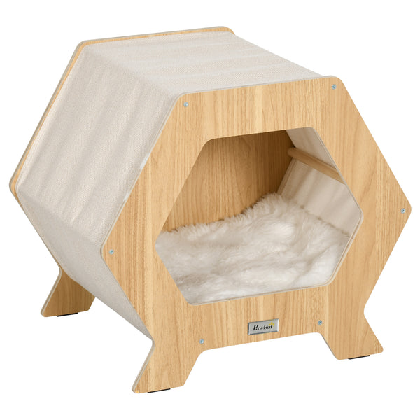 sconto Niche pour Chats 49,5x38,5x43,5 cm en Bois et Tissu avec Coussin en Peluche Chêne et Blanc