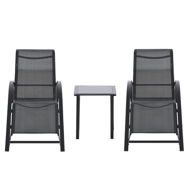 sconto Set 2 Lettini Prendisole e Tavolino con Ripiano 59x169x66 cm in Tessuto Traspirante e Metallo Nero