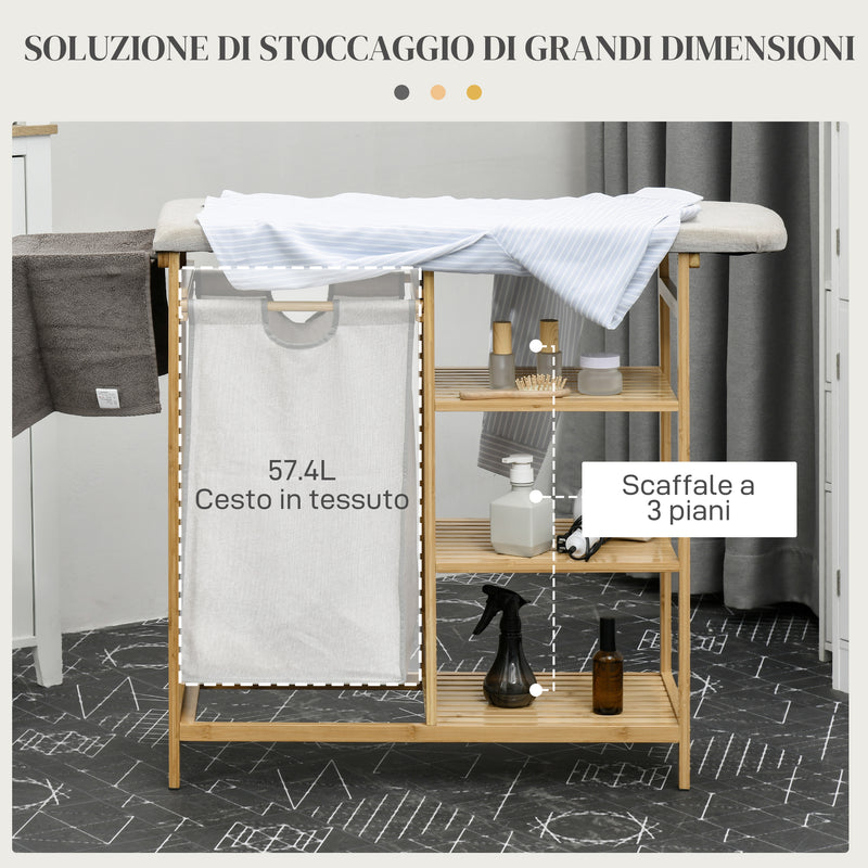Cesto Portabiancheria con Asse da Stiro e 3 Ripiani in Bambù 113x34x82 cm  