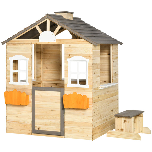 online Casetta Bimbi 3-7 Anni a 2 Finestre con Portavasi e Panchina 113Lx94x134,5 cm in Legno di Abete e PP Naturale
