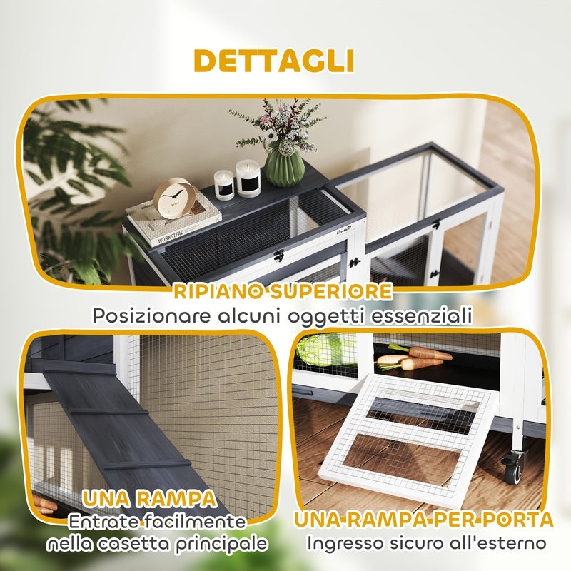 Conigliera a 2 Livelli 147x45x89,5 cm con Rampa e 3 Vassoi  in Legno di Abete e Acciaio Grigio e Bianco  