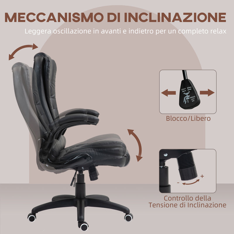 Sedia Poltrona Operativa da Ufficio Reclinabile a Dondolo Braccioli Ribaltabili in Finta Pelle PU Nero 