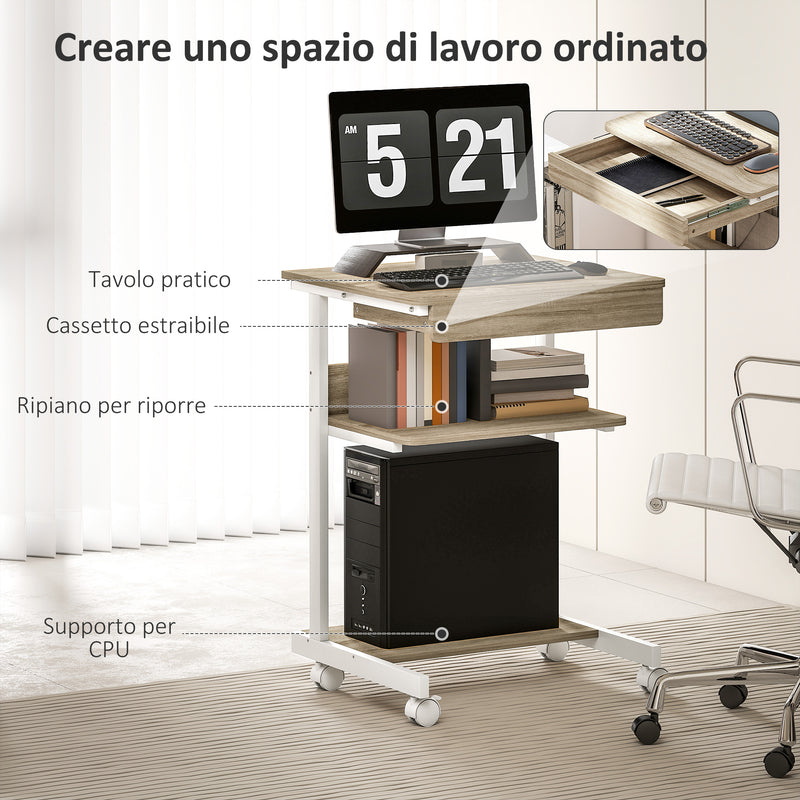 Scrivania Moderna Salvaspazio 56x51x79 cm con Cassetto Scorrevole e Ruote in Legno Ingegnerizzato e Metallo Bianco e Rovere  