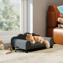 Divano per Cani 66x42x28,5 cm con Braccioli di Supporto in Legno Multistrato e Tessuto French Terry Grigio Scuro      