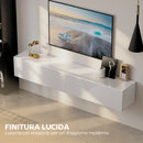 Mobile Porta TV fino a 75" Sospeso 180x33x30 cm con Ante a Pressione in Legno Bianco Lucido      