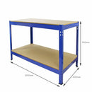 Set 3 Scaffali ad Incastro con Banco da lavoro da 120 cm Piani in MDF Struttura in Acciaio Blu