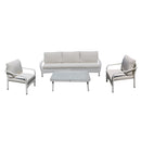 Set da Giardino Tavolo Poltrone e Divano 3 Posti in Polyrattan con Cuscini Adila Bianco