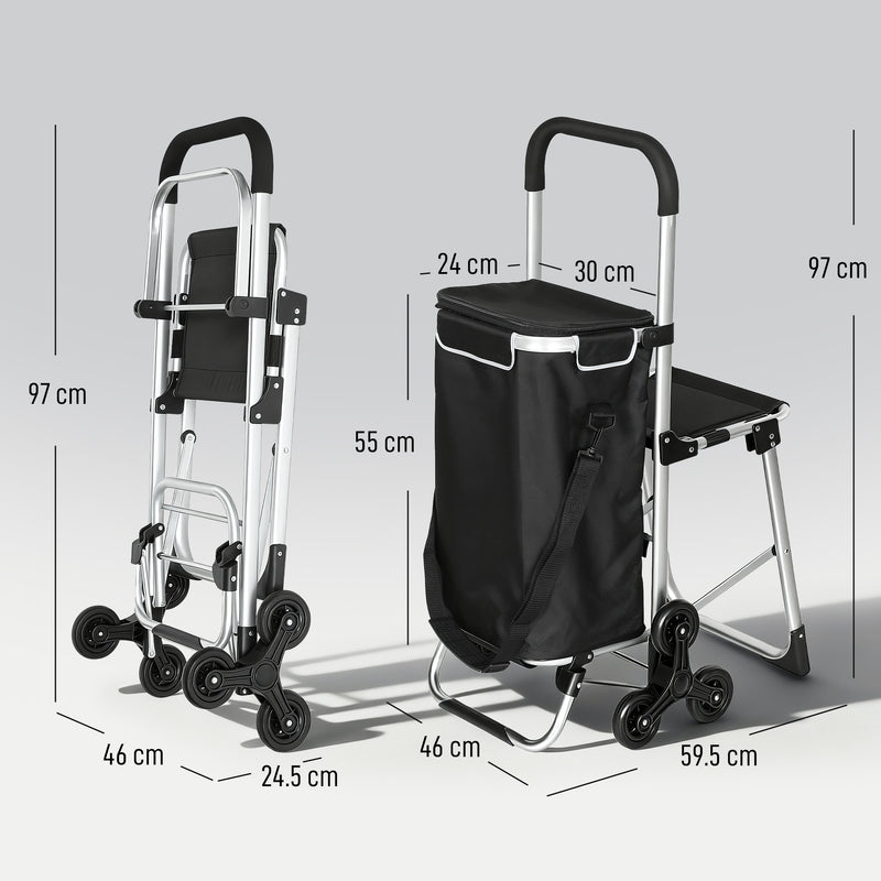 Carrello della Spesa 46x59.5x97 cm con Borsa da 40L Impermeabile e Sedile in Alluminio Nero e Argento      