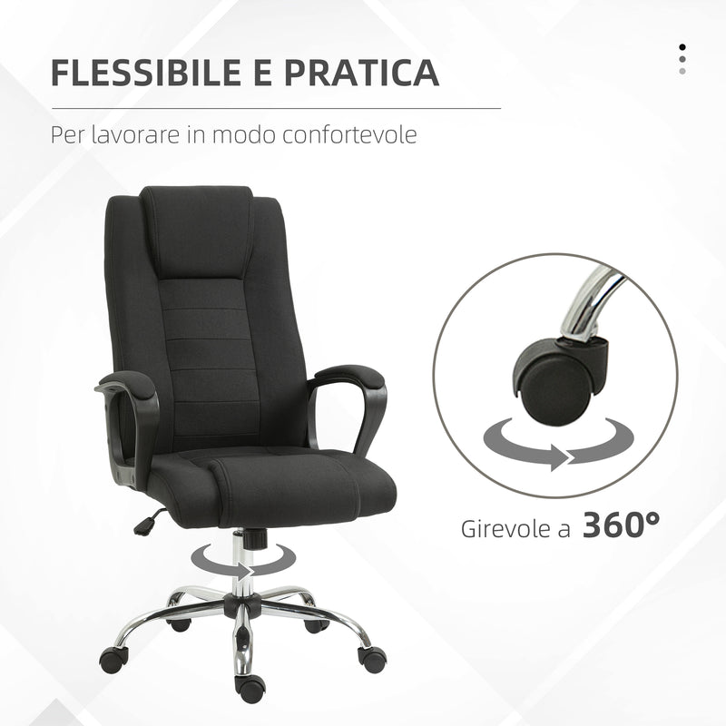 Sedia da Ufficio Ergonomica Basculante e Imbottita 62x76x110-119 cm in Poliestere Effetto Lino Nero  