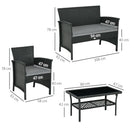 Set Salotto da Giardino Divano 2 Poltrone con Cuscini e Tavolino in Vetro in Rattan PE Nero e Grigio