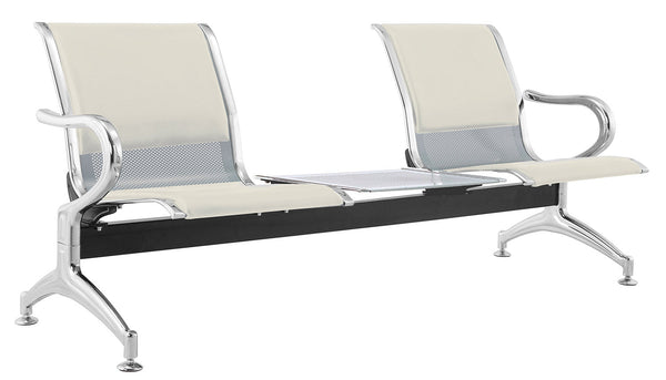 acquista Panca per Sala Attesa 2 Posti da Ufficio con Cuscino e Tavolino in Acciaio e Similpelle Argento/Avorio