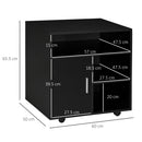 Mobile Porta Stampante 60x50x65,5 cm a Rotelle con Armadietto e 3 Ripiani Aperti in Legno Nero      