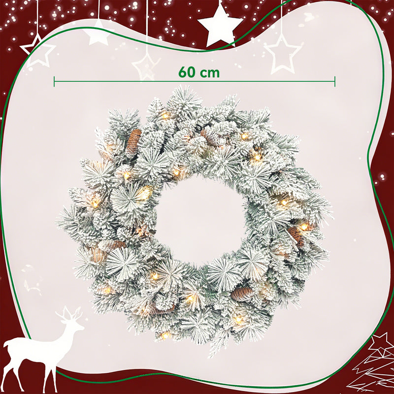Ghirlanda Natalizia Innevata 60 cm con 35 LED Timer e Pigne Decorative per Interno      
