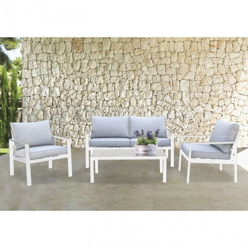 Set Salotto da Giardino Divano 2 Poltrone e Tavolino con Cuscini in Alluminio Bianco