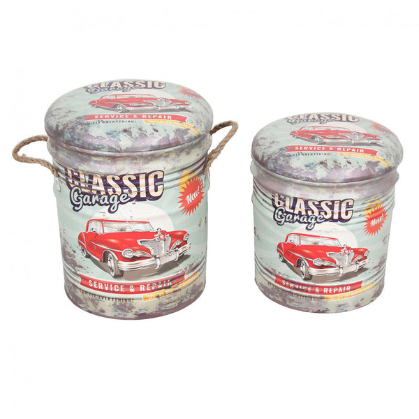 Set 2 Pouf Conteneur Rond en MDF Vert Clair/Blanc online