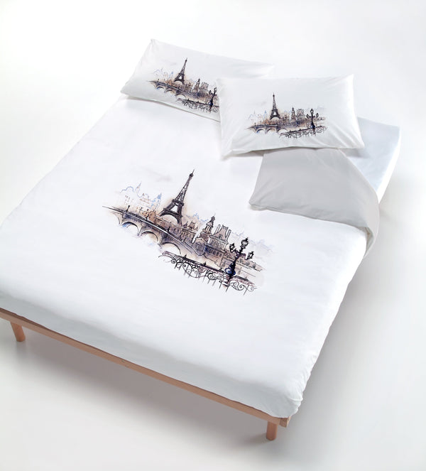 sconto Housse de couette avec imprimé sur le sac et taies d'oreiller gris Paris