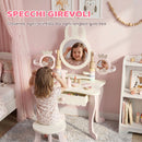 Toeletta per Bambini 3+ Anni 55x37x87,6 cm con Sgabello Cassetto 3 Specchi e 5 Accessori in MDF e Legno di Pino Rosa      