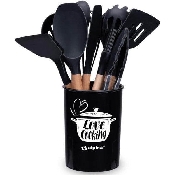 acquista Set 12 Utensili da Cucina con Supporto in Silicone e Manico Legno Nero