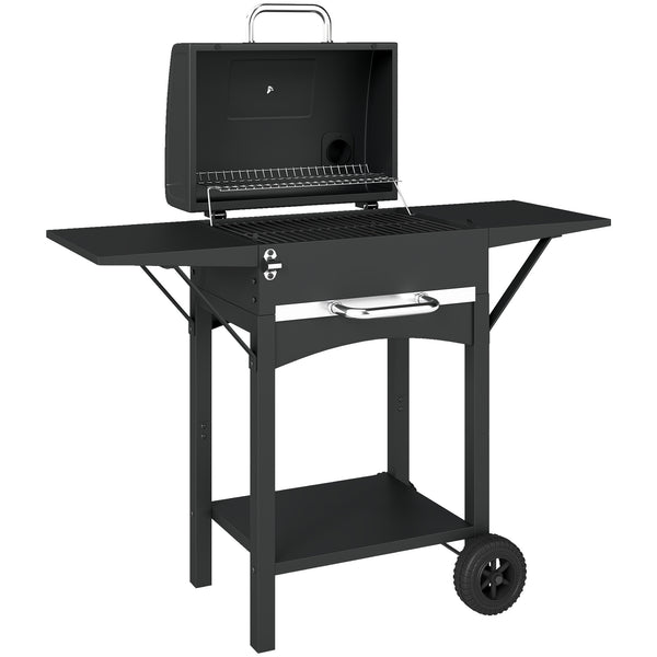 Barbecue a Carbone 110x46,5x101 cm con 2 Ripiani Laterali Termometro Coperchio e Ruote in Metallo e Acciaio Nero prezzo