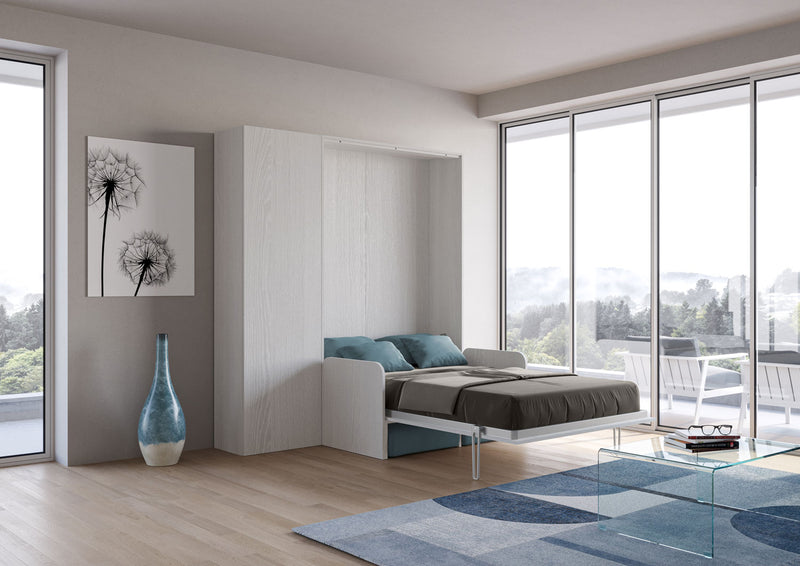 Letto Matrimoniale Francese A Scomparsa 140 Kentaro Con Divano E Colonna Bianco Frassino e Azzurro      