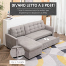 Divano Letto 3 Posti con Chaise Longue Contenitore 217x134x85 cm in Tessuto Effetto Lino Grigio