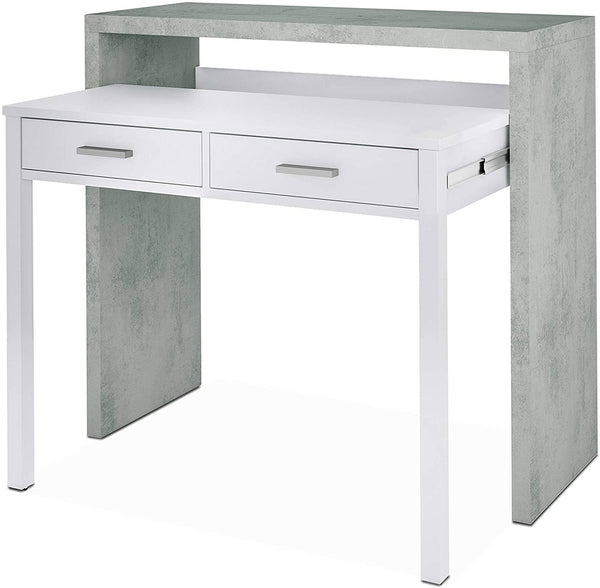 sconto Bureau Console Extensible 99x36/70x88 cm 2 Tiroirs Blanc et Ciment