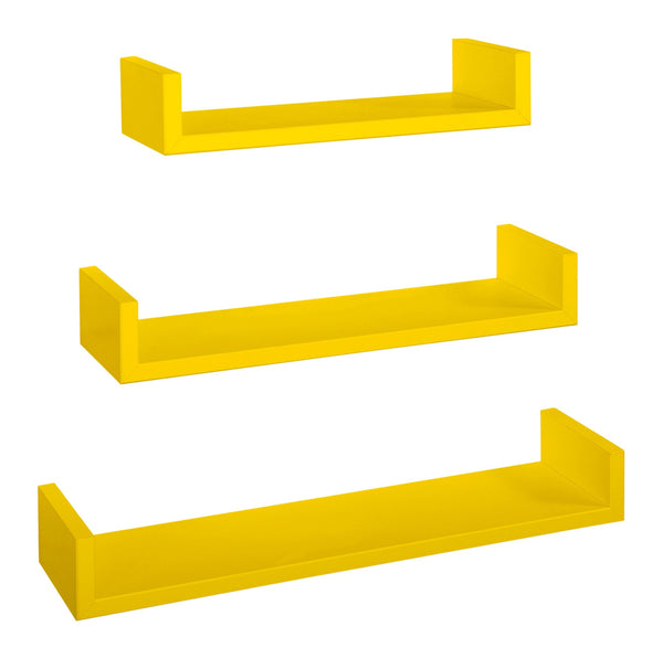 acquista Lot de 3 étagères murales 60-50-40x15,5x8 cm en fibre de bois magnétique jaune canari